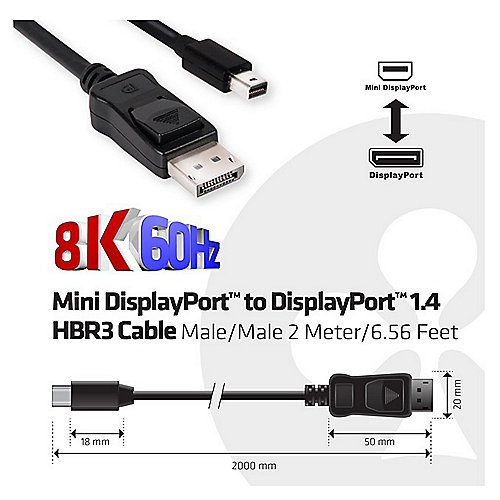 Club 3D mini DisplayPort auf Displayport 1.4 HBR3 Kabel 2,0m