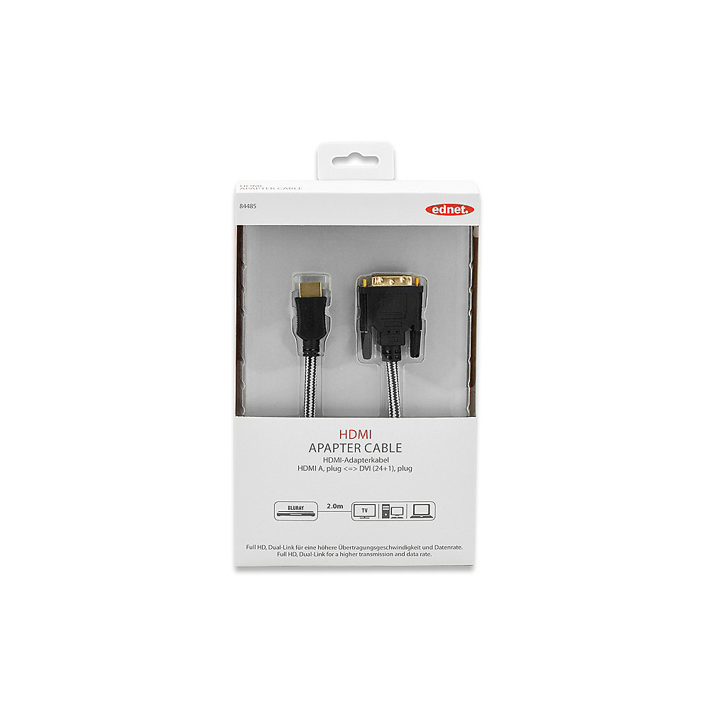 ednet HDMI Adapterkabel DVI St./St 3D tauglich vergoldete Kontakte 2m schwarz