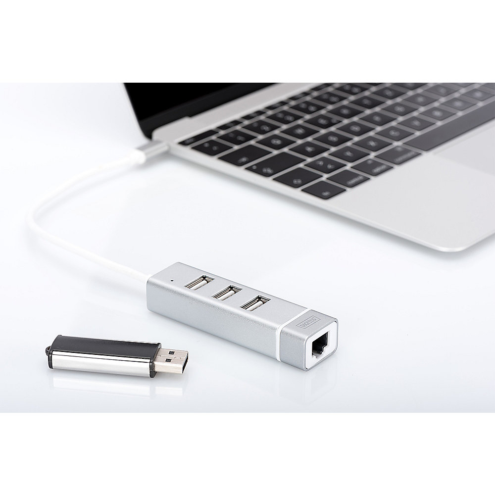 DIGITUS USB2.0 3-Port HUB &amp; Fast Ethernet LAN-Adapter mit Typ-C Anschluss