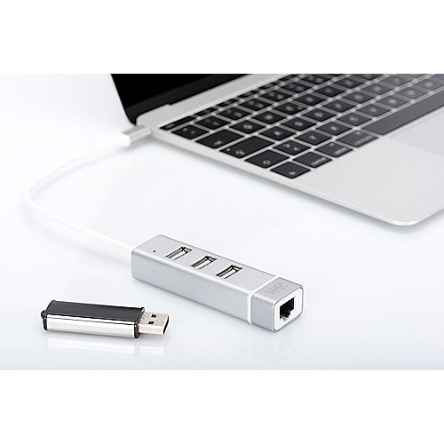 DIGITUS USB2.0 3-Port HUB &amp; Fast Ethernet LAN-Adapter mit Typ-C Anschluss