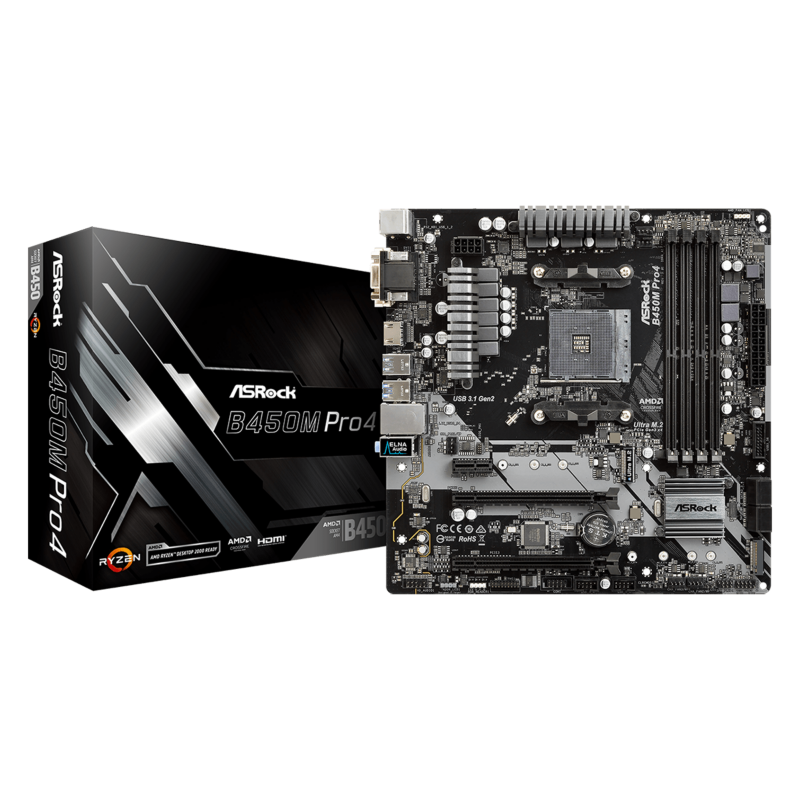 ASRock  B450M Pro4 AM4 mATX Mainboard M.2/DVI/HDMI/D-Sub/USB3.1(Gen2) | 04717677336276