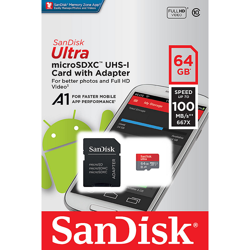 SanDisk Ultra 64 GB microSDXC Speicherkarte Kit (100 MB/s, Class 10, U1, A1)