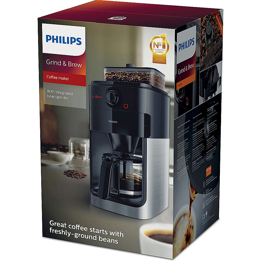 Philips HD7767/00 Grind &amp; Brew Kaffeemaschine mit Mahlwerk Schwarz Metall