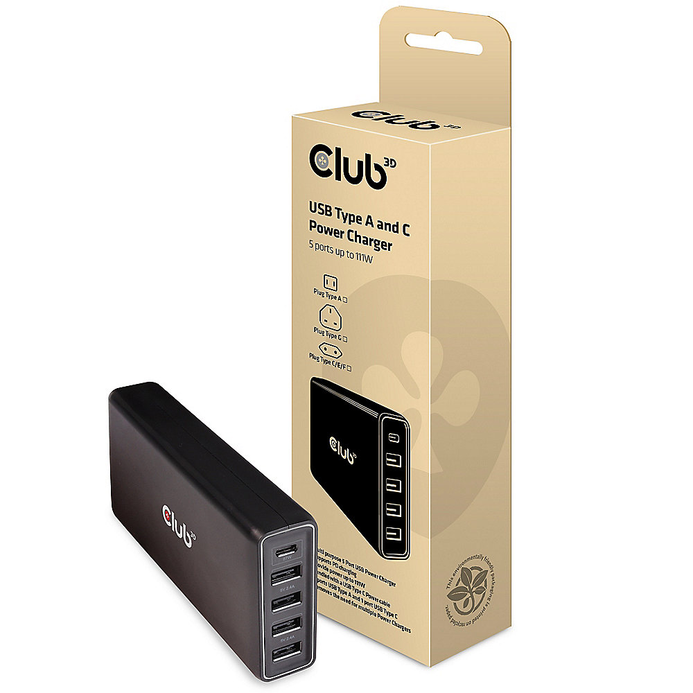 Club 3D USB Typ A und C Ladegerät 5 Ports bis zu 111W
