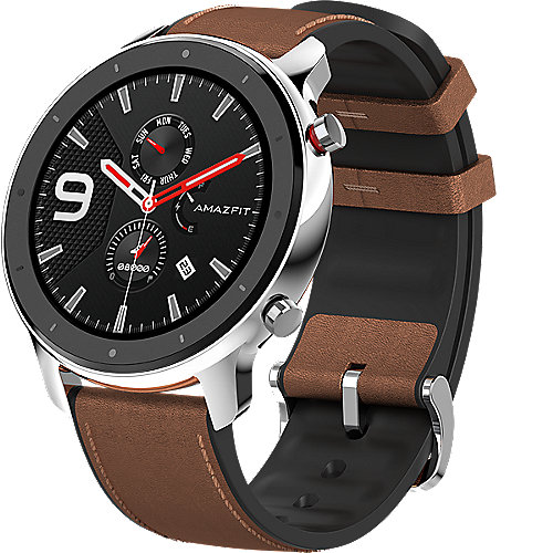 Amazfit GTR 47MM Smartwatch Edelstahlgehäuse, braunes Armband