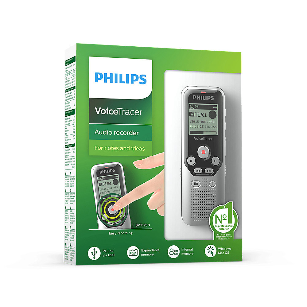 Philips Voice Tracer DVT1250 Digitales Stereo Diktiergerät 8GB Stimmaktivierung
