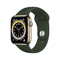 Apple Watch Series 6 LTE 44mm Edelstahlgeh&auml;use Gold Sportarmband Zyperngr&uuml;n