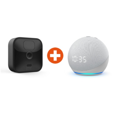 Echo Dot (4. Gen.) mit Uhr Weiß + Blink Outdoor 1 Kamera System