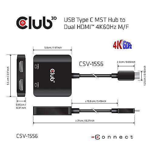 Club 3D USB Typ C MST Hub auf Dual HDMI™ 4K60Hz St./B. schwarz