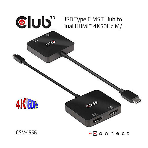 Club 3D USB Typ C MST Hub auf Dual HDMI™ 4K60Hz St./B. schwarz