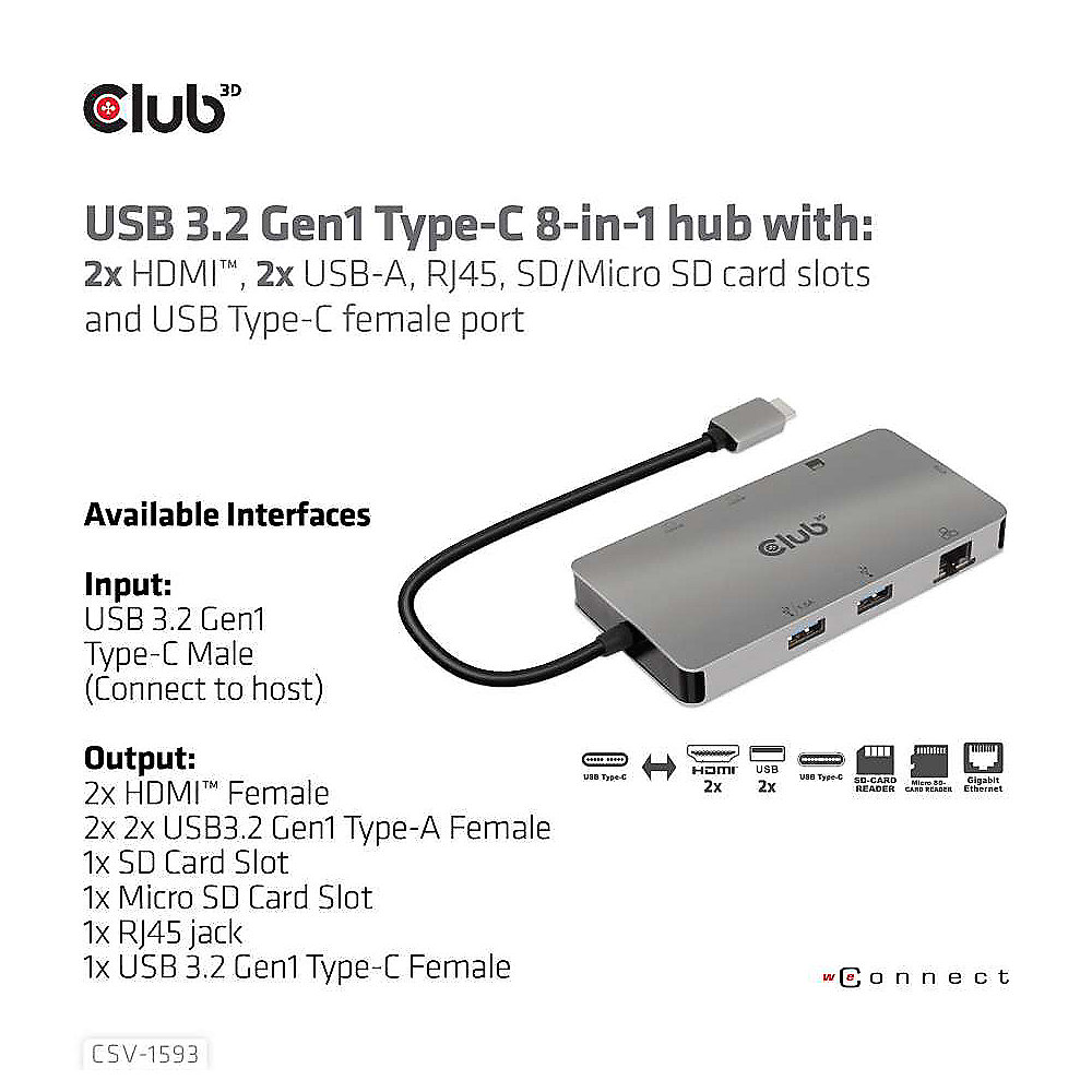 Club 3D USB Gen1 Typ-C 8-in-1 Hub mit 2x HDMI, 2x USB-A, RJ45, SD/Micro SD, grau