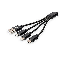 DIGITUS 3-in-1 Ladekabel, USB A - Lightning + Micro USB + USB-C, schwarz