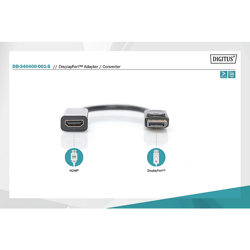 DIGITUS DisplayPort Adapter/Konverter, DP-HDMI Typ A St/Bu, 0.15m