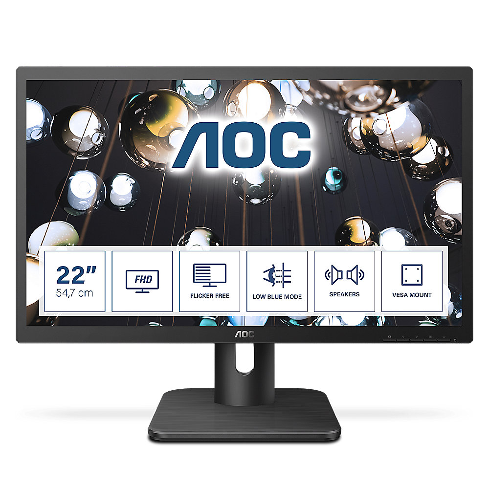AOC 22E1D 54,7cm (21,5") FHD Monitor 16:9 VGA/DVI/HDMI 2ms 250cd/m² 20Mio:1