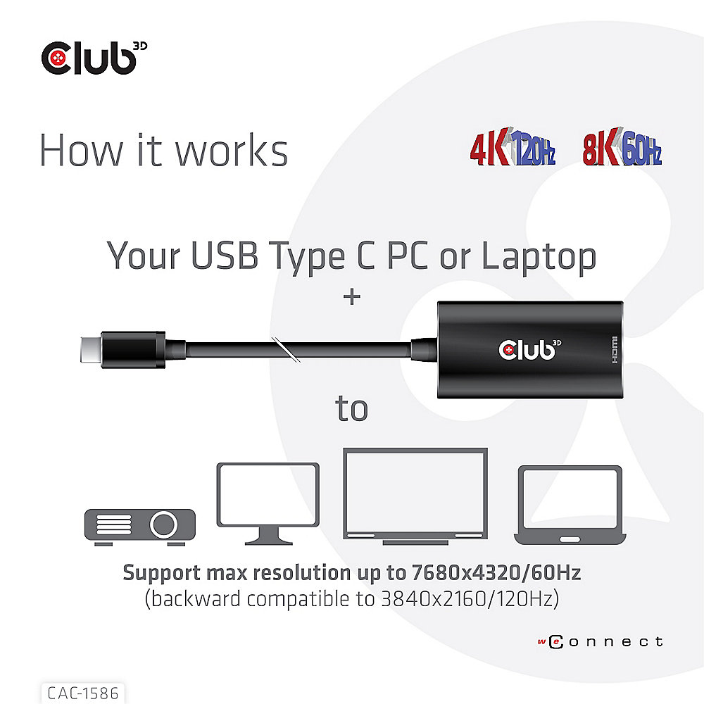 Club 3D USB Gen2 Typ-C auf HDMI 4K120Hz HDR10, DSC 1.2 Aktiver Adapter St./B.