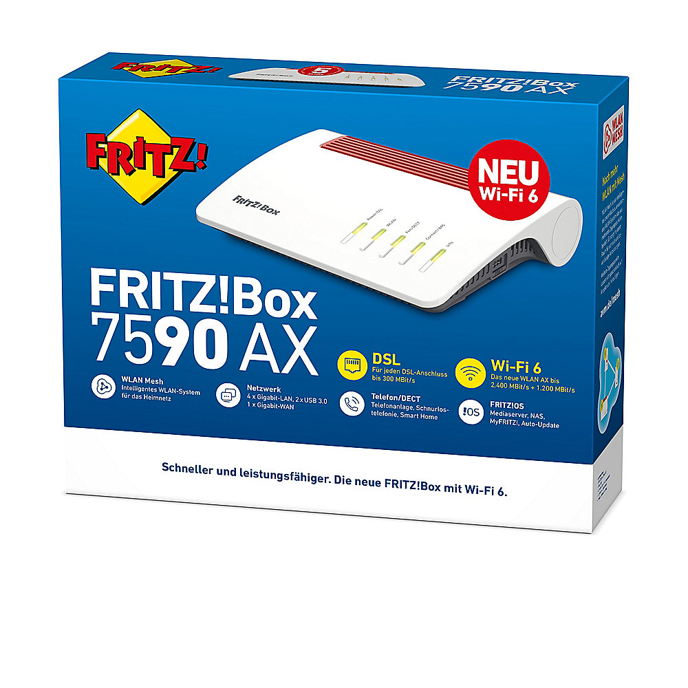 AVM FRITZ!Box 7590 AX WLAN Router -ax VDSL/DSL MU-MIMO mit VoIP Telefonie und DE