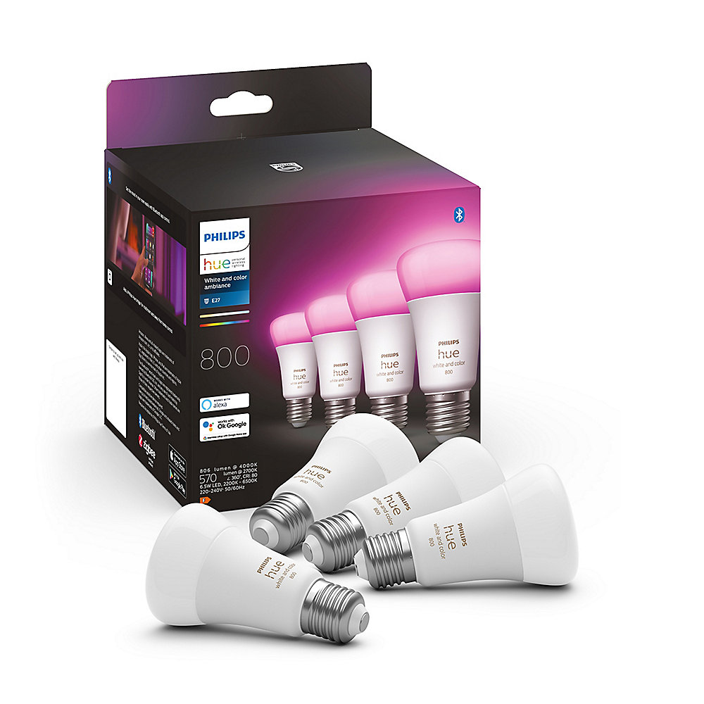 Philips Hue White &amp; Col. Amb. E27 Viererpack 4x570lm 60W