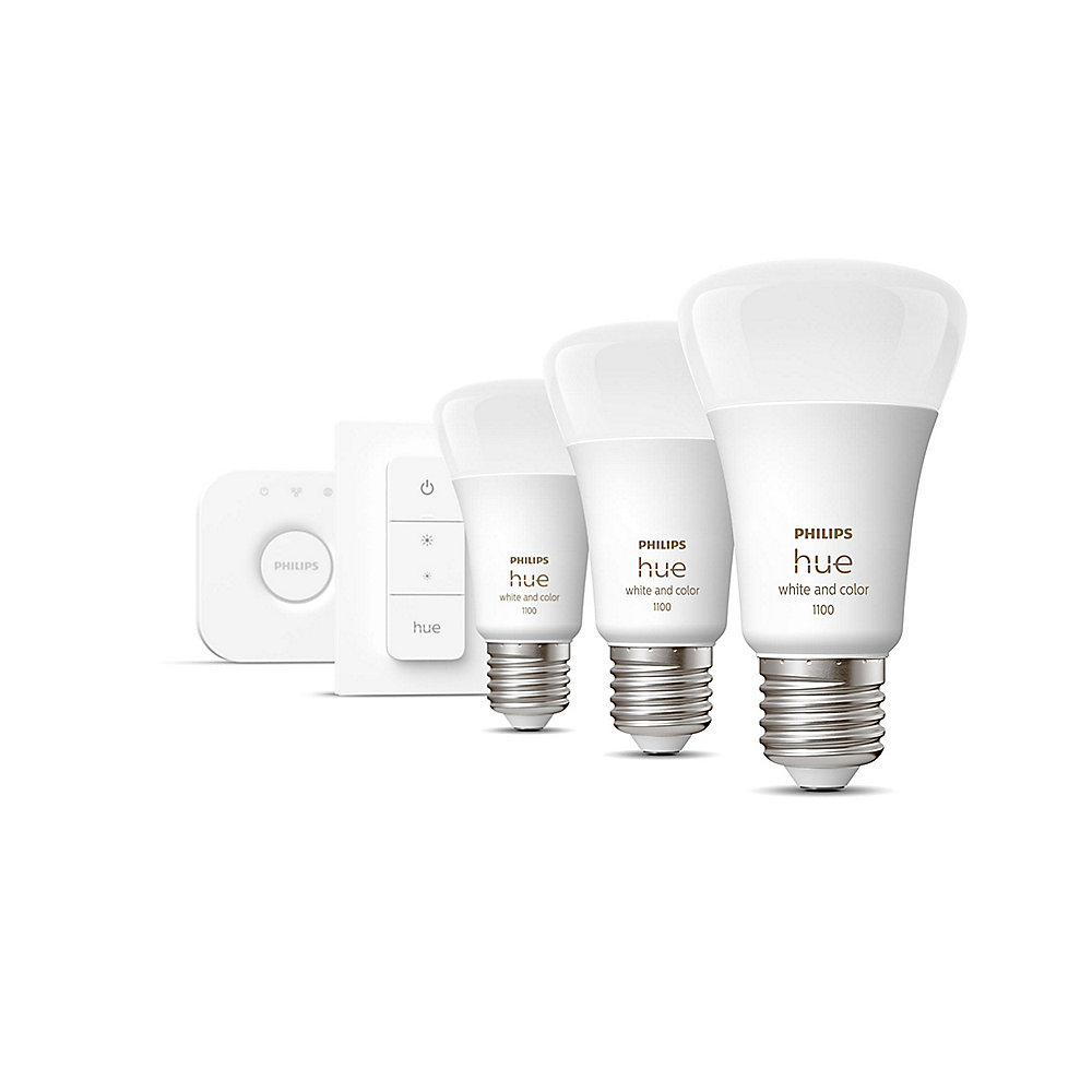 Philips Hue White &amp; Col. Amb. E27 3er Starter Set inkl. DimmerSwitch 3x800lm 75W