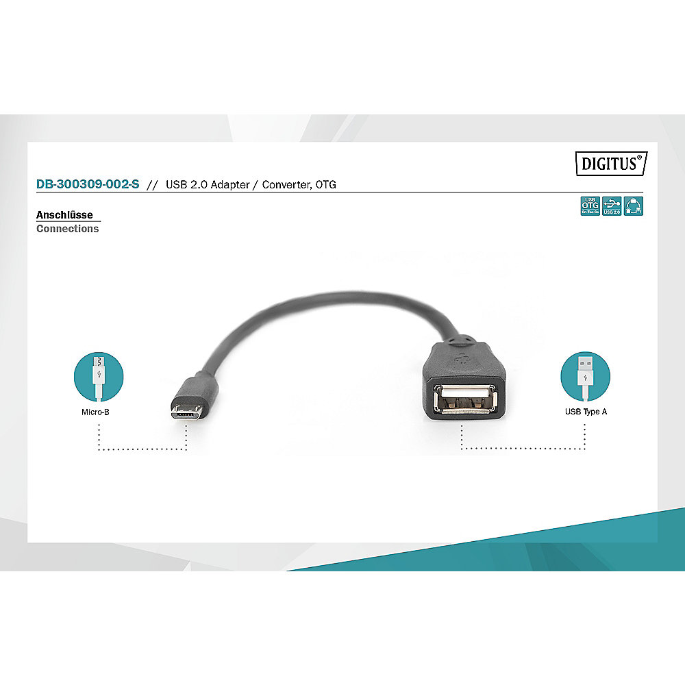 DIGITUS DB-300309-002-S USB 2.0 Adapterkabel 0,2m Micro-B/USB-A Bu. schwarz