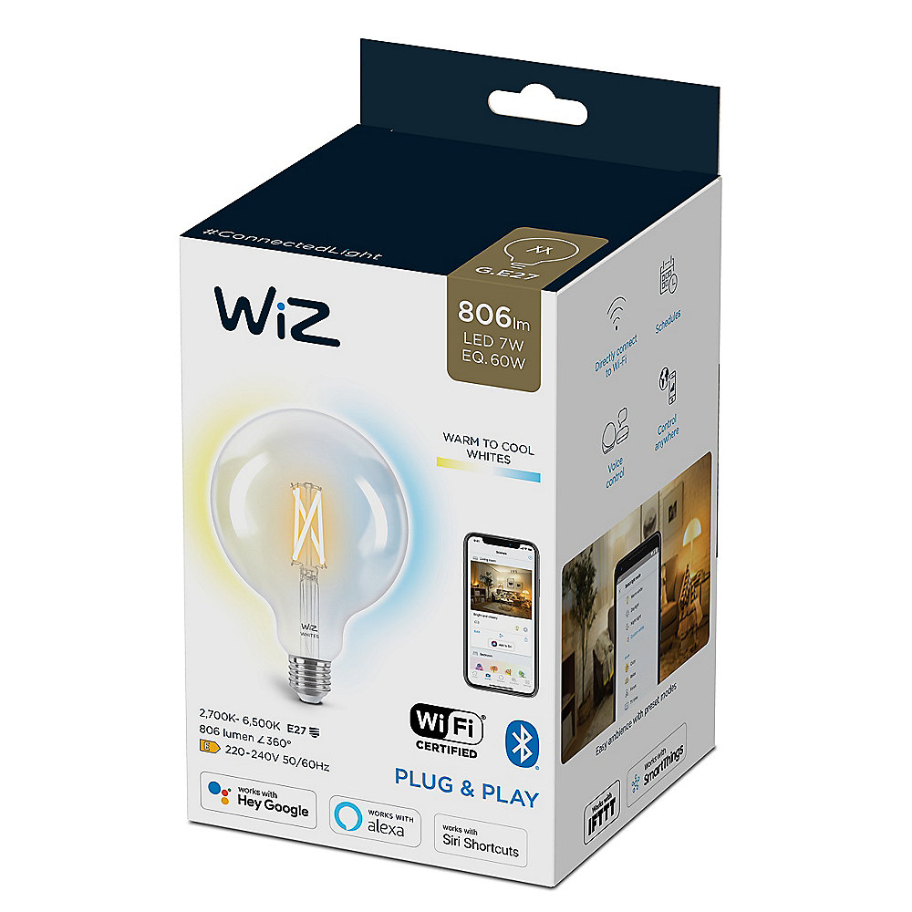 WiZ smarte Filament Lampe mit kaltweißem bis warmweißem Licht Globeform E27 G125
