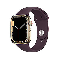 Apple Watch Series 7 LTE 45mm Edelstahlgeh&auml;use Gold Sportarmband Dunkelkirsch