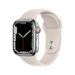 Apple Watch Series 7 LTE 41mm Edelstahlgeh&auml;use Silber Sportarmband Sternenlicht