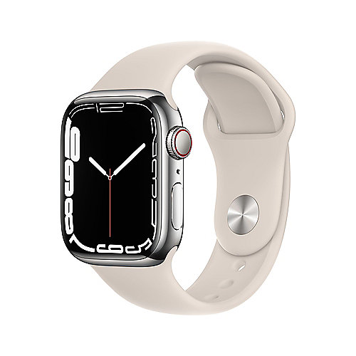 Apple Watch Series 7 LTE 41mm Edelstahlgehäuse Silber Sportarmband Sternenlicht