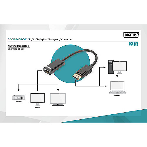 DIGITUS DisplayPort Adapter/Konverter, DP-HDMI Typ A St/Bu, 0.15m