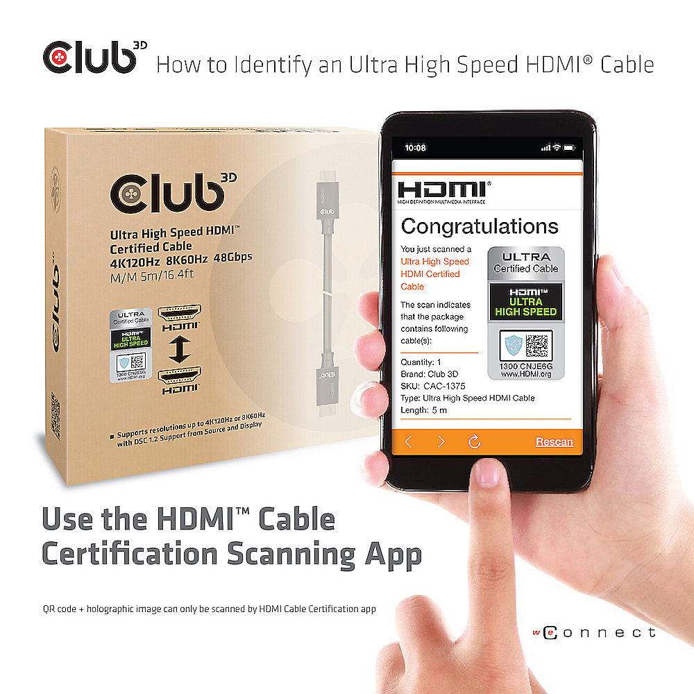 Club 3D Ultra High Speed HDMI™ 4K120Hz, 8K60Hz Zertifiziertes Kabel 48Gbps St/5m