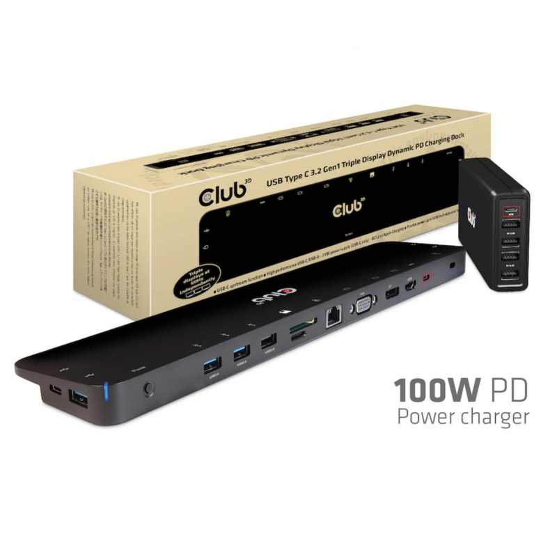 Club3D Club 3D USB Gen1 Typ-C Triple Display Dynamic PD Charging Dock m. 100 Watt | 00841615101849