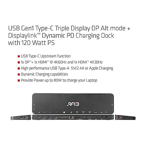 Club 3D USB Gen1 Typ-C Triple Display DP Alt Mode PD Dockingstation 120W