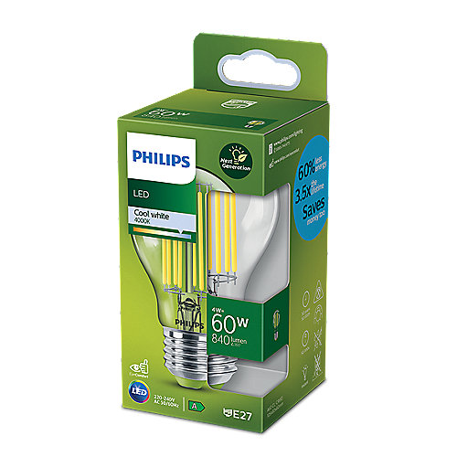 Philips Classic LED Lampe mit 60W, E27 Sockel, Klar, Cool White (4000K)